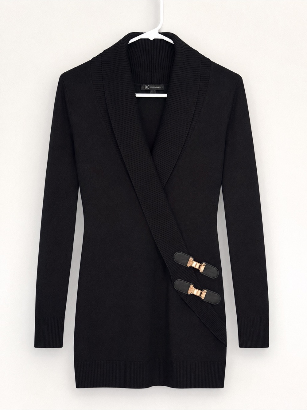INC International Concepts Black Shawl-Collar Wrap Cardigan with Buckle Accents
